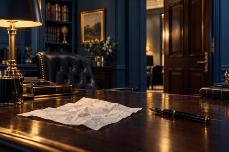 A wide, dignified cinematic photograph of an elegant mahogany desk in a luxurious law office bathed in deep navy blue to