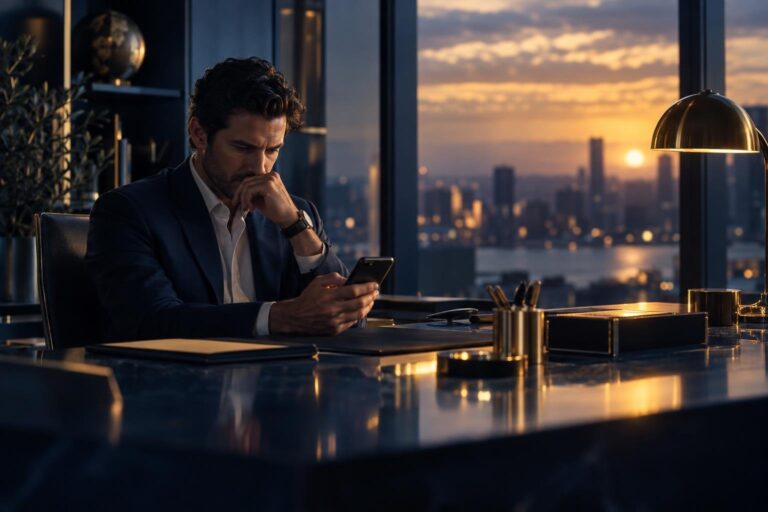 A cinematic wide-format photograph of a person sitting alone in a dimly lit modern office at dusk, holding a smartphone
