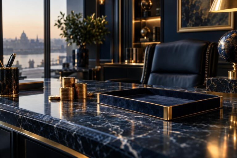 A cinematic wide-angle photograph of an elegant dark-blue marble desk in a luxurious office, where a partially stacked s