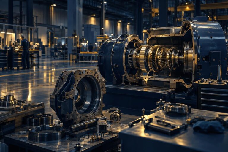 A wide, distinguished cinematic photograph of a modern industrial manufacturing floor with a large precision machine par