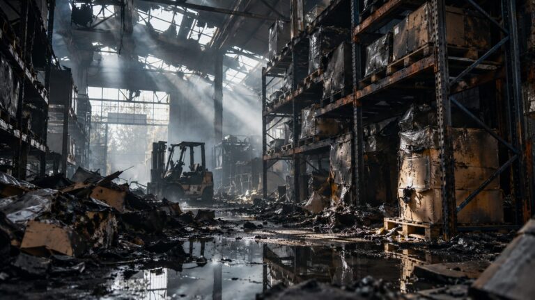 פנים מחסן שנשרף, עם מדפים ומלאי חרוכים