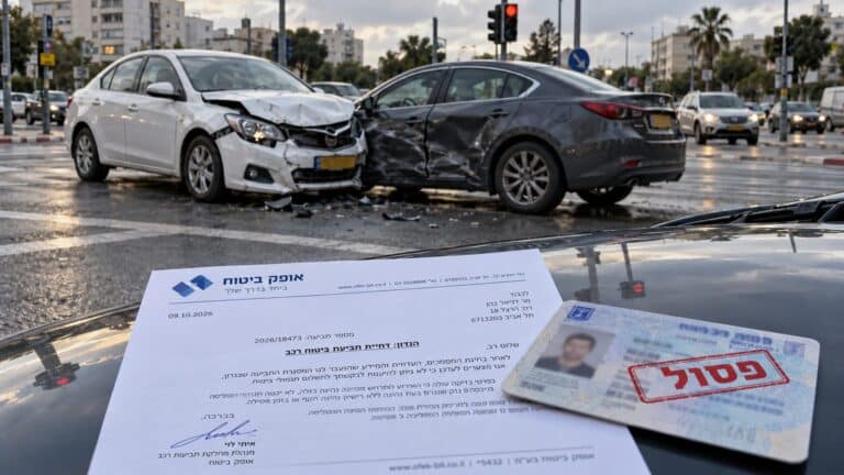 מכתב דחיית תביעת ביטוח רכב ורישיון נהיגה פסול על מכסה מנוע, מול זירת תאונה
