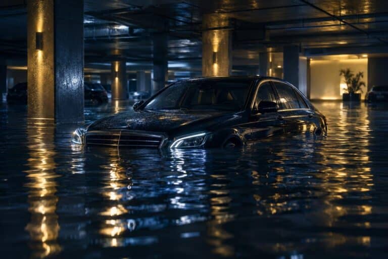 A cinematic wide-angle shot of a luxury sedan partially submerged in dark floodwater within a dimly lit underground park
