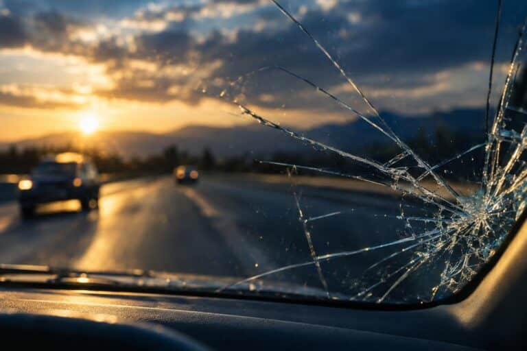 A cinematic wide-angle photograph of a cracked car windshield catching soft afternoon light against a blurred asphalt ro