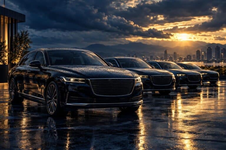 Wide cinematic hero shot of a luxury corporate fleet of dark sedans parked in formation on a rain-soaked outdoor lot und