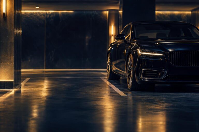 A wide, dignified photographic hero image of a sleek dark luxury sedan parked in a dimly lit upscale underground garage,